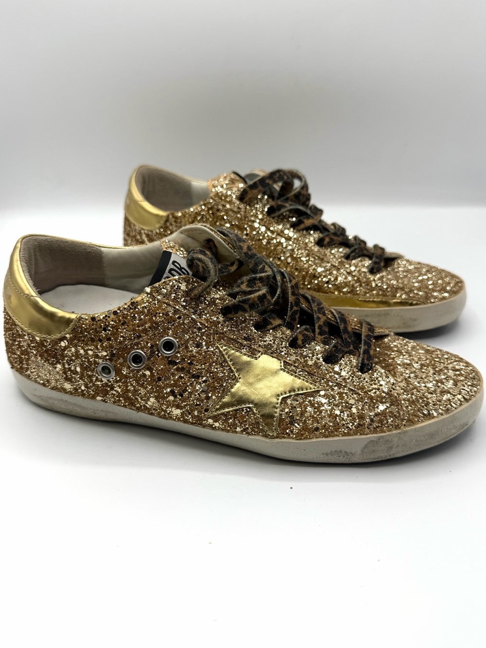 Used Golden Goose Champagne Gold Superstar Leopard Cheetah Glitter Sneakers